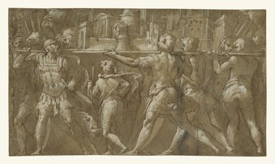 Soldaten die een model van een stad dragen door Taddeo Zuccaro