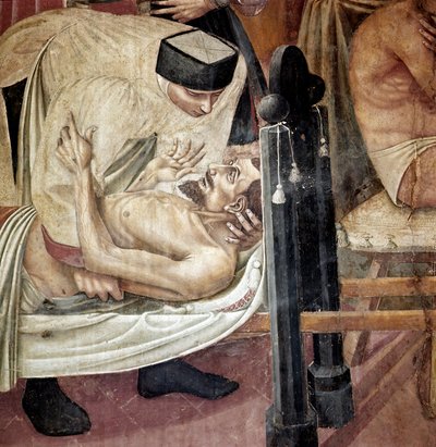 Zorg voor de zieken in een ziekenhuis, een verpleegster helpt een gewonde (detail) door Taddeo di Bartolo