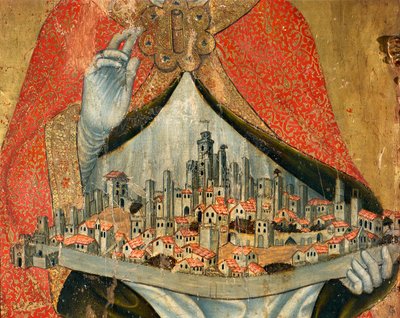 Uitzicht op de stad San Gimignano, met huizen en monumenten (detail) door Taddeo di Bartolo