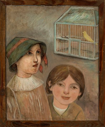 Twee meisjes onder een kooi met een kanarie door Tadeusz Makowski