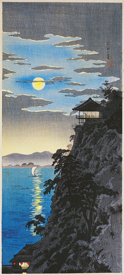 Maan bij Ishiyama aan het Biwameer, ca. 1936 door Takahashi  Hiroaki