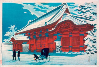 De rode poort van Hongo in de sneeuw door Takahashi Hiroaki