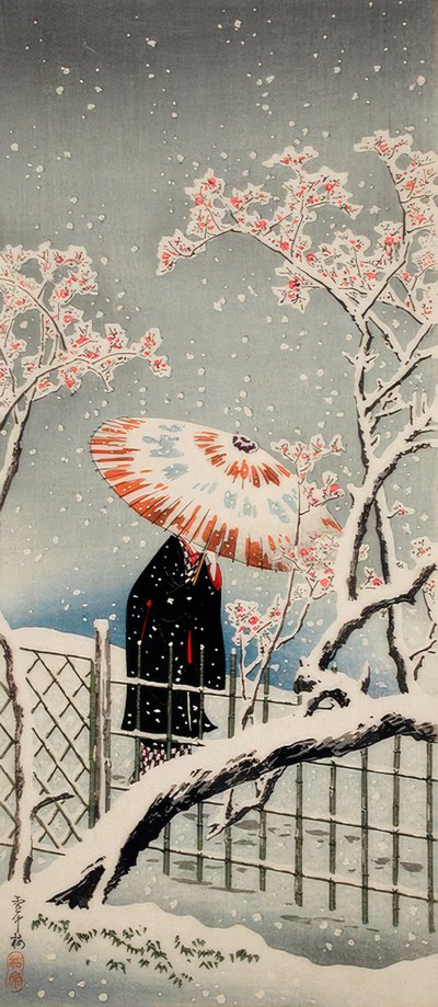Pruimenboom in de sneeuw door Takahashi Hiroaki