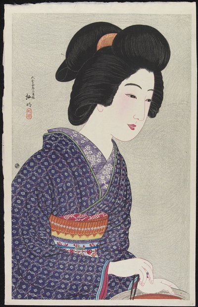 Vrouw zittend bij een vuurkorf, februari 1925 door Takahashi Hiroaki