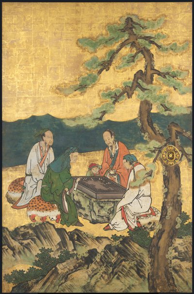 Een spel Go, uit de Vier Vaardigheden, begin 17e eeuw (Schuifscherm; inkt, kleur en goud op papier) door Takanobu Kano