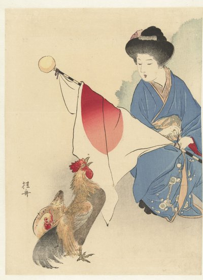 Vrouw met Japanse vlag en een haan door Takeuchi Keishū