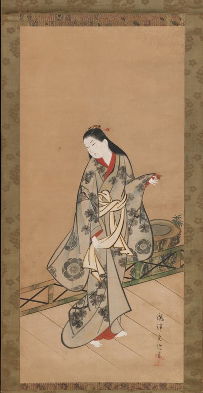 Vrouw op veranda, ca. 1730 door Takizawa Shigenobu