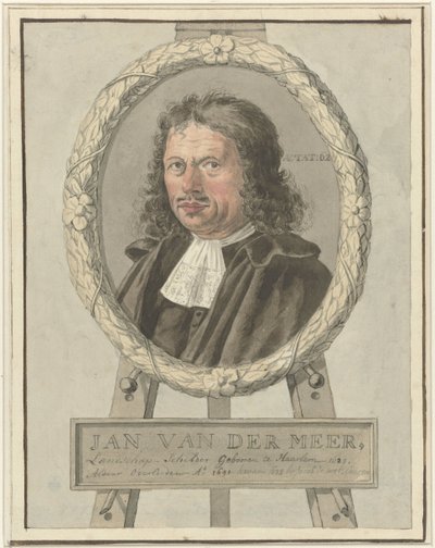 Portret van Johannes van der Meer de Oude, in lauwerkrans op schildersezel door Tako Hajo Jelgersma (possibly)