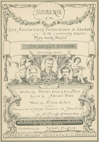 Titelpagina van Souvenir van de eerste Jubileumvoorstelling in Londen van De Vrolijke Weduwe door Talbot Hughes