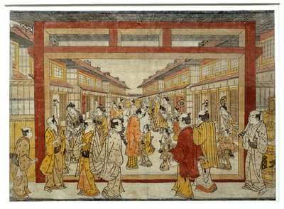 Perspectiefzicht op Nakano-Cho. Japanse prent door Masanobu Tanaka, actief tussen 1741 en 1748, Ukiyo-E stijl. Parijs, Musée Guimet door Tanaka Masunobu