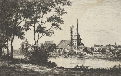 Stad met een kerk aan een rivier door Tancrède Abraham