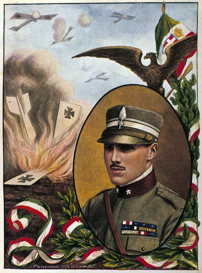 Allegorie over majoor Francesco Baracca (1888-1918) held van de Italiaanse luchtmacht die in 1918 in de strijd stierf. Tekening door Tancredi Scarpelli. Milanese. door Tancredi Scarpelli