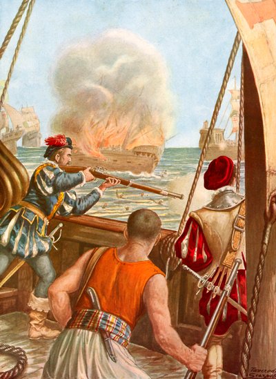 Arabisch schip in brand gestoken door de Portugese vloot door Tancredi Scarpelli