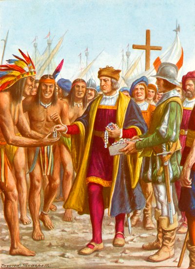 Columbus vertrekt vanuit San Salvador en deelt kralen uit aan de inboorlingen door Tancredi Scarpelli