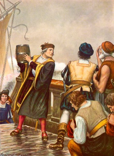 Columbus op de terugreis van zijn eerste reis gooit een vat in zee door Tancredi Scarpelli