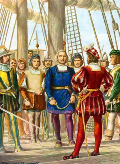Cristoffel Columbus en zijn broers Bartolomeo en Diego worden gevangengenomen op een schip dat hen naar Spanje zal brengen door Tancredi Scarpelli