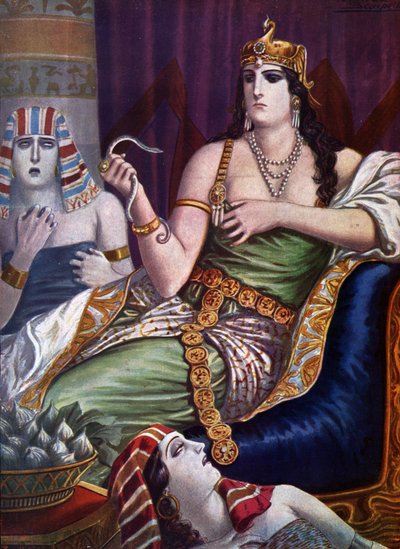 Egyptische oudheid: De dood van Cleopatra VII Thea Philopator (69-30 v.Chr.) zelfmoord door gebeten te worden door twee aspicslangen door Tancredi Scarpelli