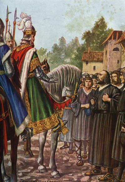 Keizer Frederik I Barbarossa (1122-1190) op zijn tweede reis naar Italië in 1158 steekt de rivier de Adda over en ontmoet de mensen van Lodi die hem smeken hun grondgebied terug te krijgen door Tancredi Scarpelli