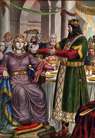 Lombardische koning Alboin (ca. 526-572) dwingt zijn vrouw, de gepidische prinses Rosemonde (gestorven 572), te drinken uit een beker gevormd door de schedel van zijn vader Cunimond tijdens een banket in Verona, Italië door Tancredi Scarpelli
