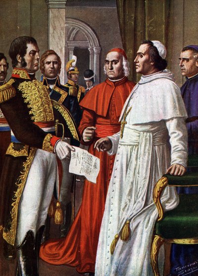 Paus Pius VII, gevangene in het kasteel van Fontainebleau, stemde op 25/01/1813 in met het ondertekenen van het Concordaat van Fontainebleau (1813), waarbij hij afstand deed van zijn tijdelijke soevereiniteit, een deel van zijn geestelijke autoriteit door Tancredi Scarpelli