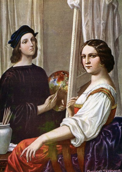Portret van de schilder Raphael (Raffaello Sanzio 1483 - 1520) schilderend de Fornarina door Tancredi Scarpelli