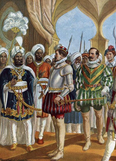 Portugese navigator Pedro Alvares Cabral bij het hof van de koning (Zamorin) van Calicut op 13/09/1500 om te onderhandelen over de oprichting van een handelspost, India door Tancredi Scarpelli