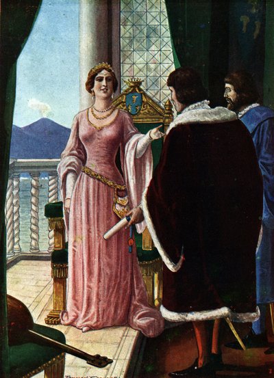 Koningin Joanna II van Napels wijst haar adoptiefzoon Lodewijk III van Anjou aan als koning van Napels. Illustratie door Tancredi Scarpelli door Tancredi Scarpelli
