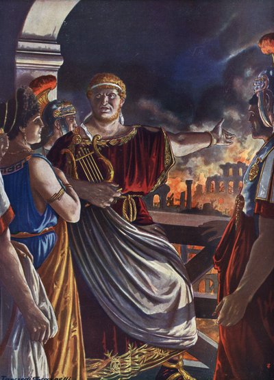 Romeinse oudheid: Keizer Nero kijkt naar de Grote Brand van Rome door Tancredi Scarpelli