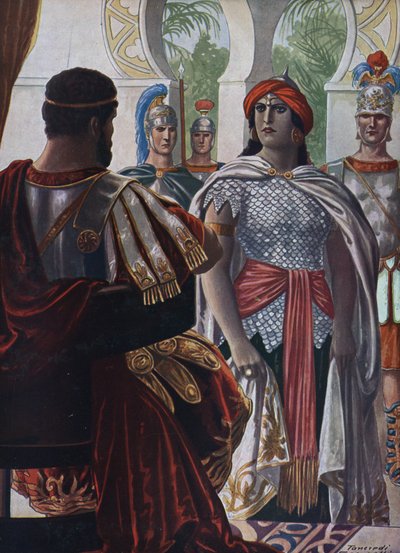 Romeinse oudheid: De Imperator van Palmyra Septimia Bathzabbai Zenobia gevangen genomen door de Romeinse keizer Aurelianus, 272 AD door Tancredi Scarpelli