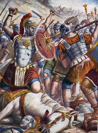 Romeinse oudheid: Romeinse generaal Lucullus (115-67 v.Chr.) veroverde Tigrane II en de Pontische en Armeense legers en nam Tigranocerte (Tigranokert of Tigranocerta) in, dat hij plunderde, Armenië, 6 oktober 69 v.Chr. door Tancredi Scarpelli