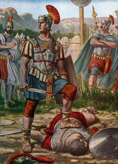 Romeinse oudheid: weergave van consul Titus Manlius Imperiosus Torquatus die een Galliër verslaat in 361 v.Chr. door Tancredi Scarpelli