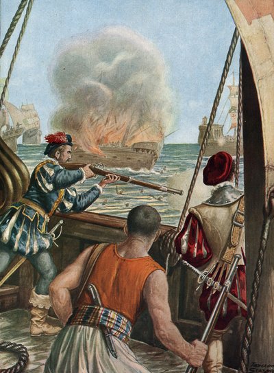 Tweede expeditie naar India (1502-1503): Zeeslag tussen de Portugese vloot van Vasco da Gama en die van Calicut, de Portugezen beschieten het moslimschip Miri vol pelgrims die terugkeren van Mekka, 3/10/1502 door Tancredi Scarpelli