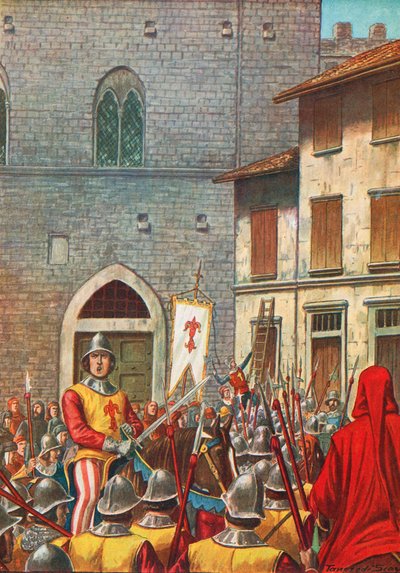 Het huis van Corso Donati aangevallen door Florentijnen nadat hij als rebel en verrader is veroordeeld door Tancredi Scarpelli