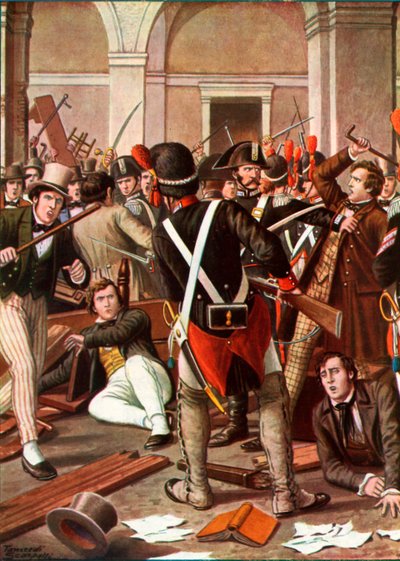 De opstand van de studenten van de Universiteit van Turijn, 1821 door Tancredi Scarpelli