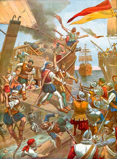 Het schip San Gabriele van de vloot van Loayse wordt aangevallen door drie Franse schepen door Tancredi Scarpelli