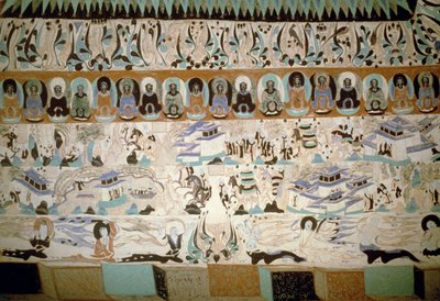 Boeddha en scènes uit het dagelijks leven, fresco uit de Tang-dynastie, China, 7e-10e eeuw door Tang Dynasty Chinese School