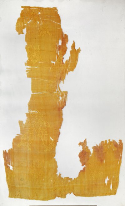 Fragment van materiaal met patronen van bloemmotieven en mandarijneenden door Tang Dynasty Chinese School