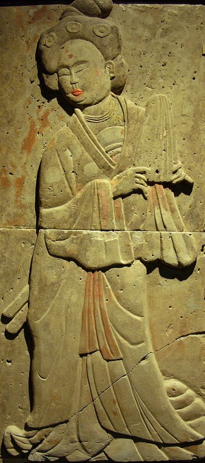 Terracotta stele met muzikant, Tang-dynastie (618-907), ontdekt in de provincie Shaanxi, Steles Forest Museum in Xian. Fotografie, Leonard de Selva, China, 2006. door Tang Dynasty Chinese School