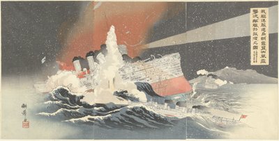 Onze torpedobootjagers Hayatori en Asagiri vernietigen vijandelijke schepen tijdens een sneeuwstorm in Port Arthur door Taniguchi Kokyo
