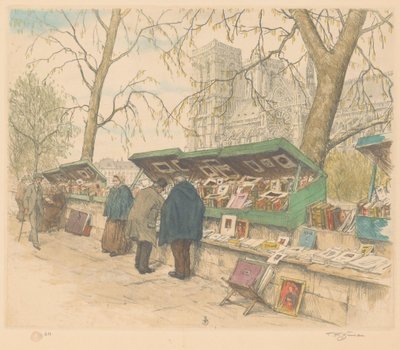 Boekenkramen op de Quai de Montebello, de Notre-Dame in de achtergrond door Tavík František Šimon (signed by artist)