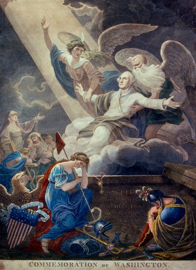 Ingekleurde gravure van de glorie voor George Washington ten hemel geheven door Time and Immortality, gegraveerd in Philadelphia, ca. 1799 (gravure) (foto) door Ted Spiegel