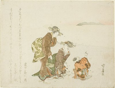 Twee meisjes en een jongen aan de kust door Teisai Hokuba