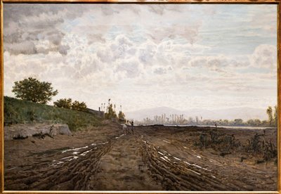Een ochtend langs de rivier de Arno. Zandgravers langs de Arno, ca. 1868 door Telemaco Signorini