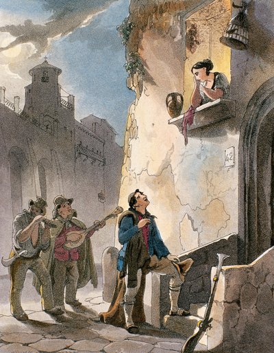 Serenade, illustratie uit Kostuums en populaire scènes van Napels door Achille Vianelli door Teodoro Guglielmo Witting