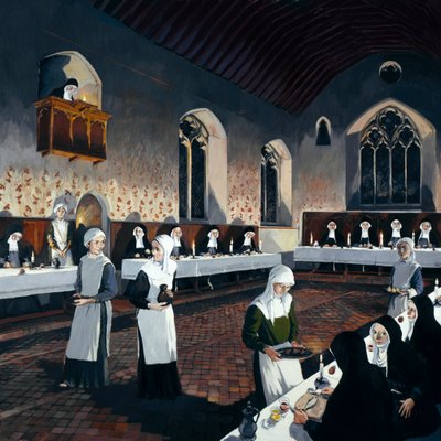 Reconstructie van de refter tijdens de 15e eeuw, Denny Abbey, Cambridgeshire door Terry Ball