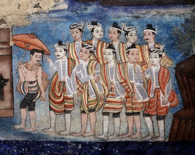 Een groep Thai yai (Shan) mannen, detail van de muurschilderingen van Viharn laikam die de Sang Thong-verhalen uitbeelden (muurschildering) door Thai School