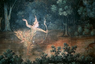 Apsara, muurschilderingen met scènes uit het leven van Boeddha, Wat Suwan Dararam, Ayutthaya Historisch Park (UNESCO Werelderfgoedlijst) door Thai School