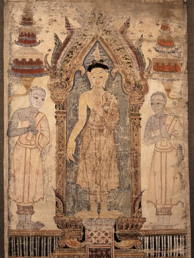 Banier die Boeddha met discipelen toont, vroege 19e eeuw (beschilderd doek) door Thai School