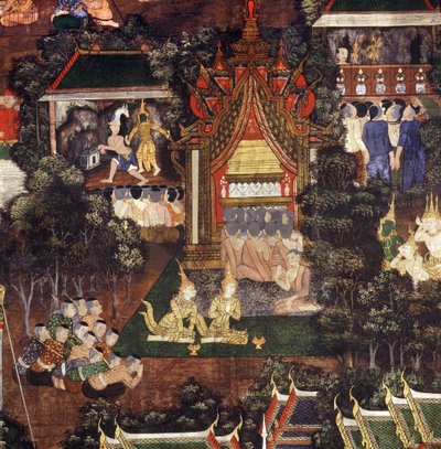 Menigte kijkt naar theater- en poppenvoorstellingen bij de begrafenis van de Boeddha, detail van de Dood van Boeddha door Thai School