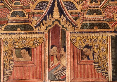 Detail van een muurschildering bij Wat Phra Singh door Thai School